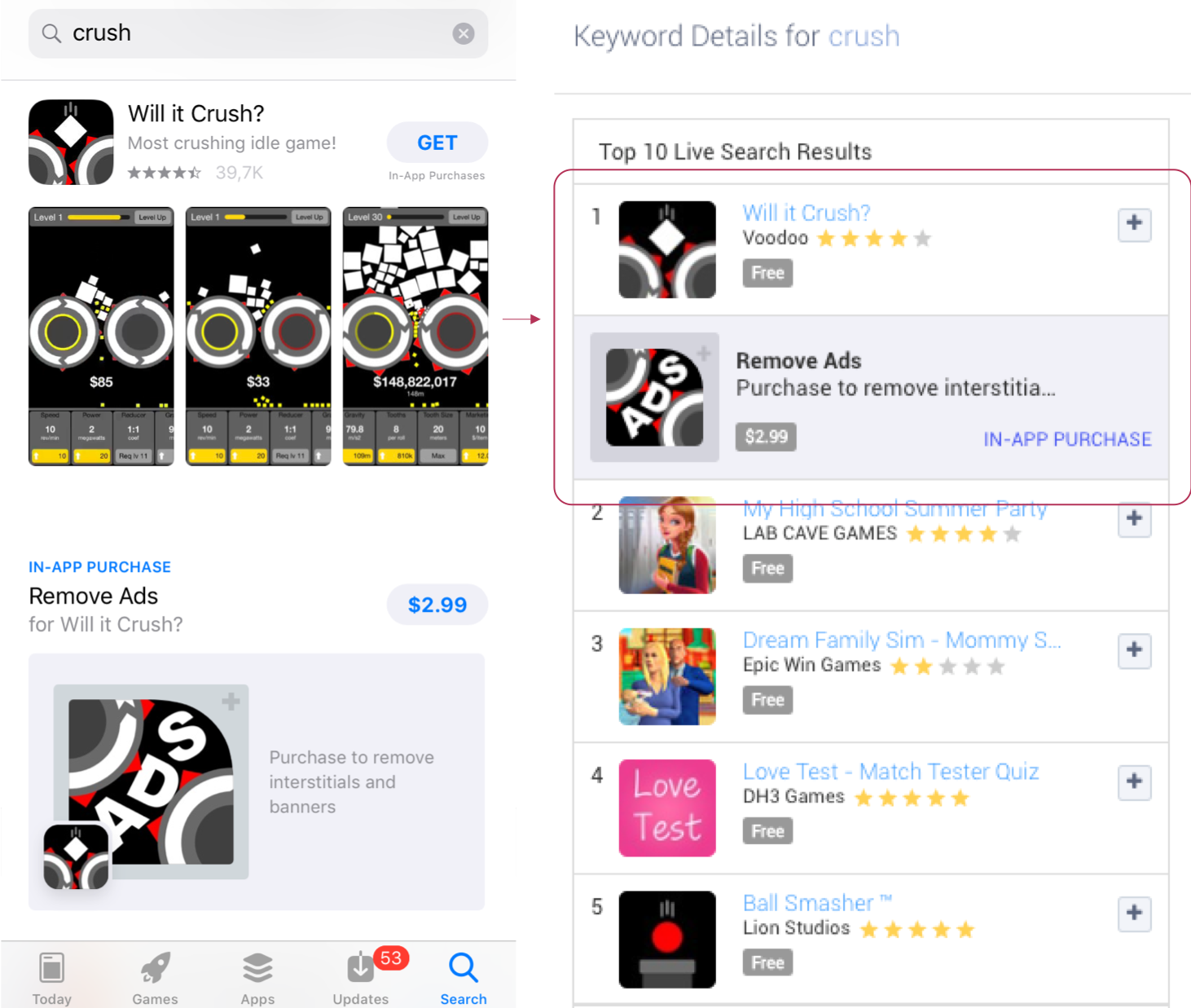Example of an In-App Purchase in the Apple App Store search results on “crush” and in Apptweak’s Live Search Results